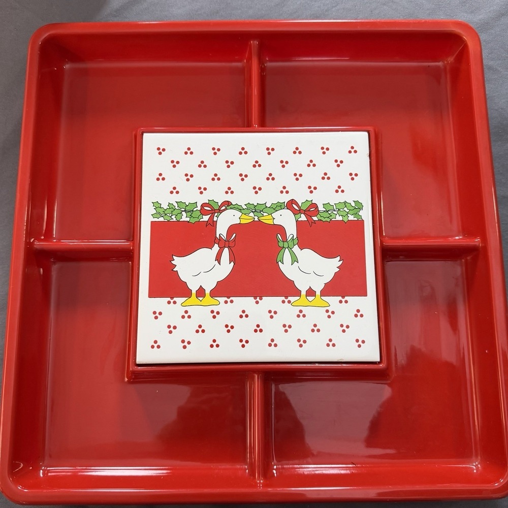 Vtg 80s Christmas Geese Red Divided Snack Tray 12" Plastic Cottagecore Holiday